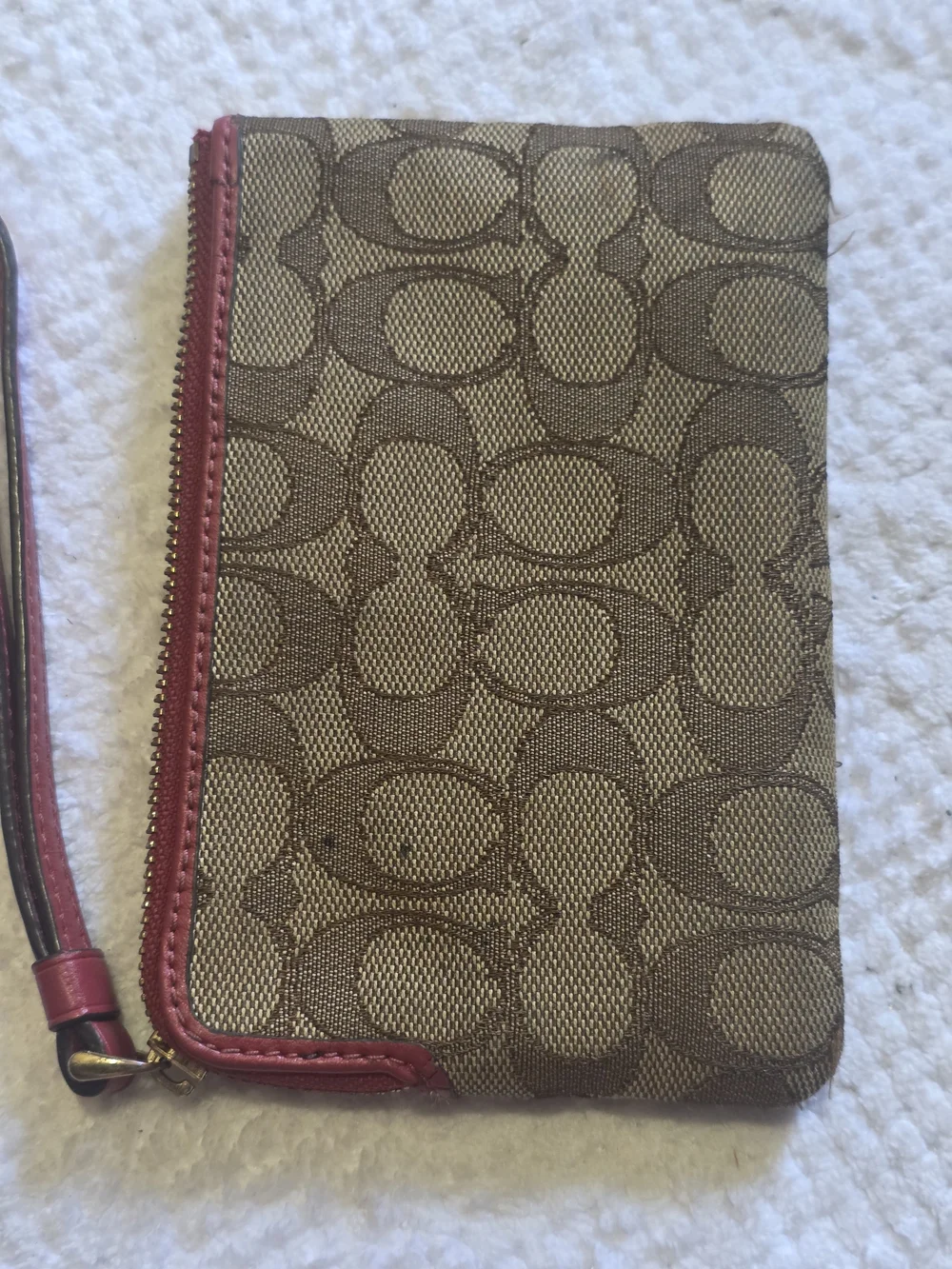 Coach Brown Signature Canvas Wristlet with Red Trim
